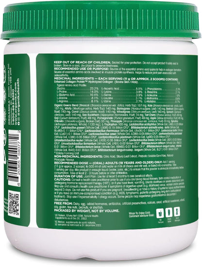 Organika Canadian-Made Power Greens with Enhanced Collagen - 16 Superfoods - Organic Fruits and Vegetables Nutrient Rich Powder Pineapple Punch Flavor with Essential Proteins and Probiotics - 220g