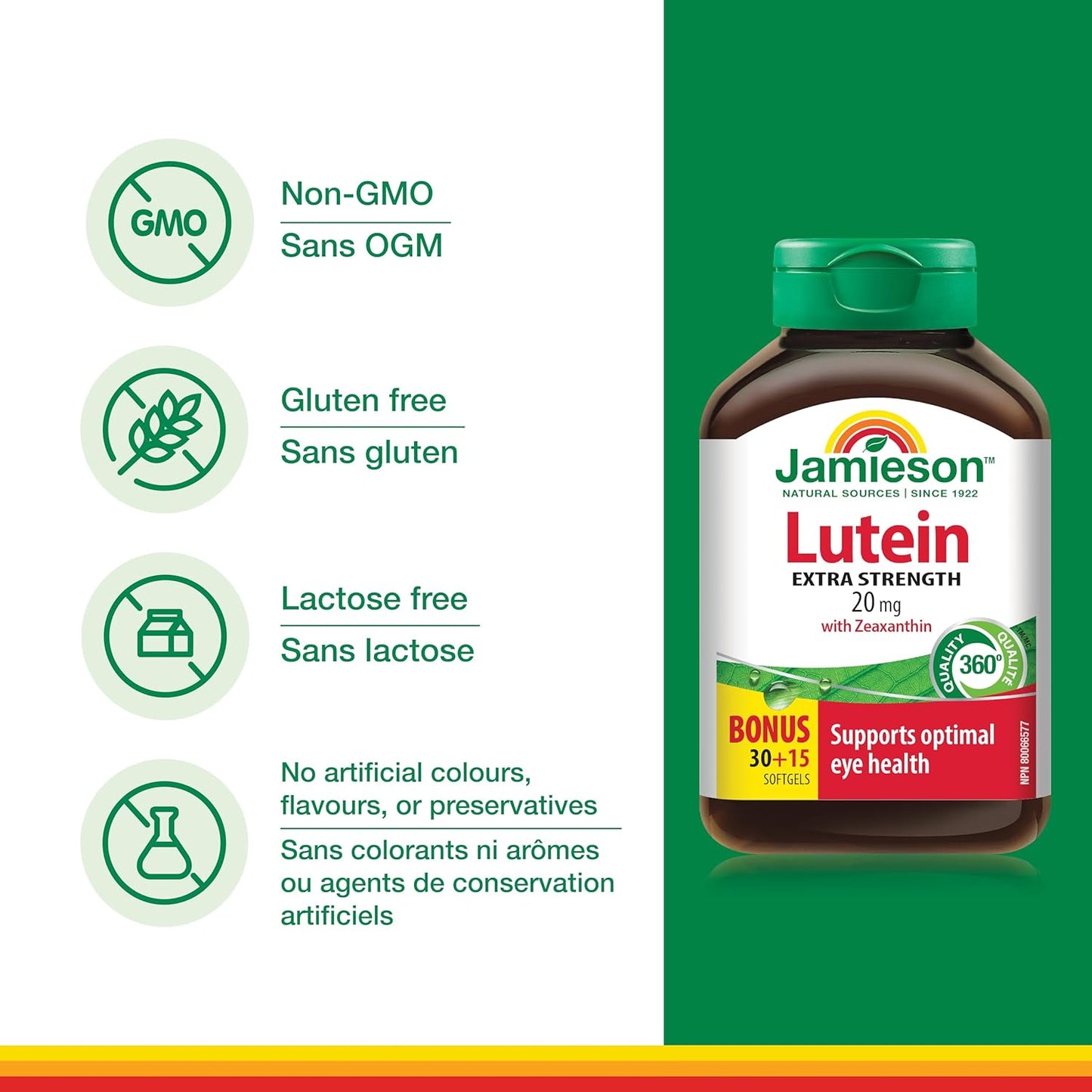 Jamieson 強效葉黃素 20 毫克，添加玉米黃質，支持眼部健康，預防老年性黃斑部病變，並有助於降低白內障風險。非基因改造，無麩質，45 粒軟膠囊，加拿大製造
