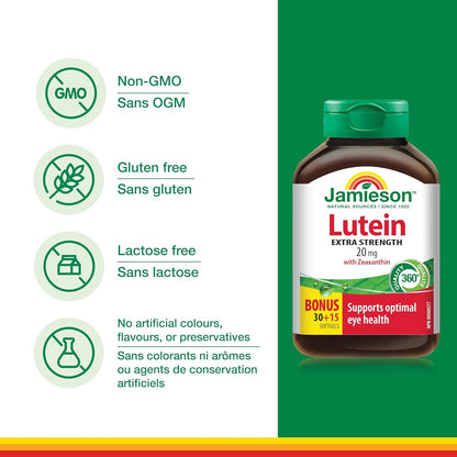 Jamieson 強效葉黃素 20 毫克，添加玉米黃質，支持眼部健康，預防老年性黃斑部病變，並有助於降低白內障風險。非基因改造，無麩質，45 粒軟膠囊，加拿大製造