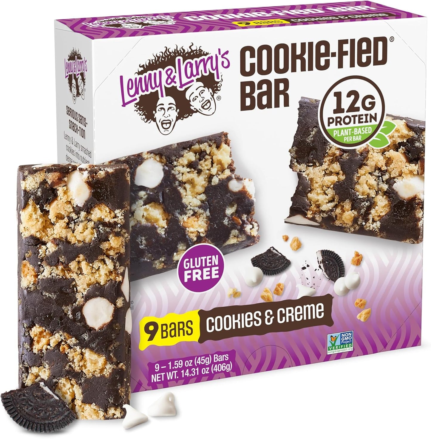 Lenny & Larry's The Complete Cookie-fied Bar, Plant-Based Protein Bar, Vegan and Non-GMO, Cookies & Crème, 45 g, 9 Count