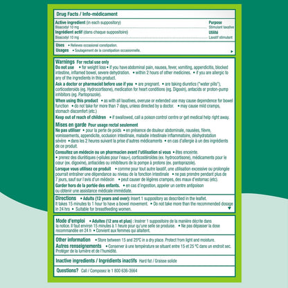 Dulcolax 比沙可啶泻药栓，10 毫克泻药，用于缓解偶发性便秘，15-60 分钟内起效，适用于成人和 12 岁以上儿童以及哺乳期妇女，缓解便秘，3 粒装