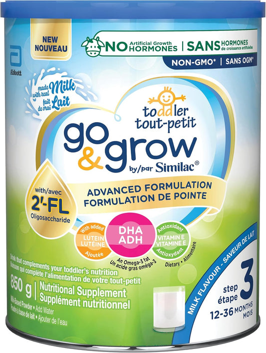 Similac Go & Grow 3 段幼兒飲料，含 2'-FL。免疫支持創新：2'-FL，奶粉，12-36 個月，牛奶味，850 克