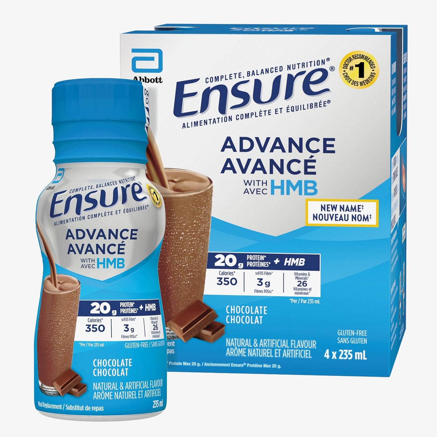 Ensure Advance，代餐奶昔，蛋白质奶昔，含 20 克蛋白质，有助于增强肌肉，巧克力味，4 x 235 毫升瓶装