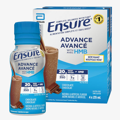 Ensure Advance，代餐奶昔，蛋白质奶昔，含 20 克蛋白质，有助于增强肌肉，巧克力味，4 x 235 毫升瓶装