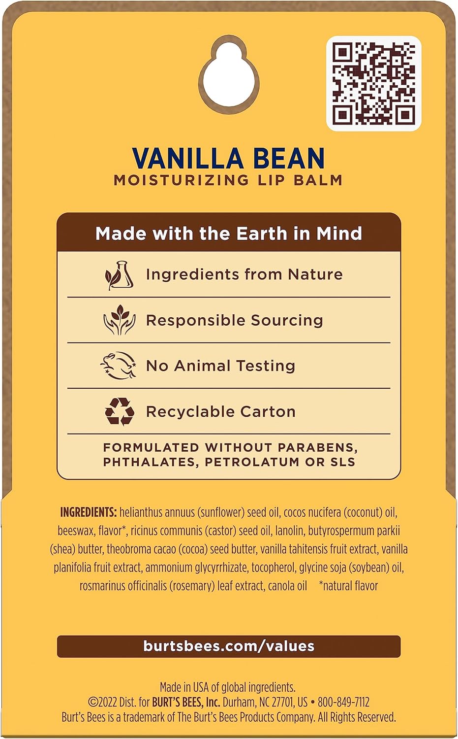 Burt's Bees 100% 天然保湿润唇膏，香草豆 - 2 支