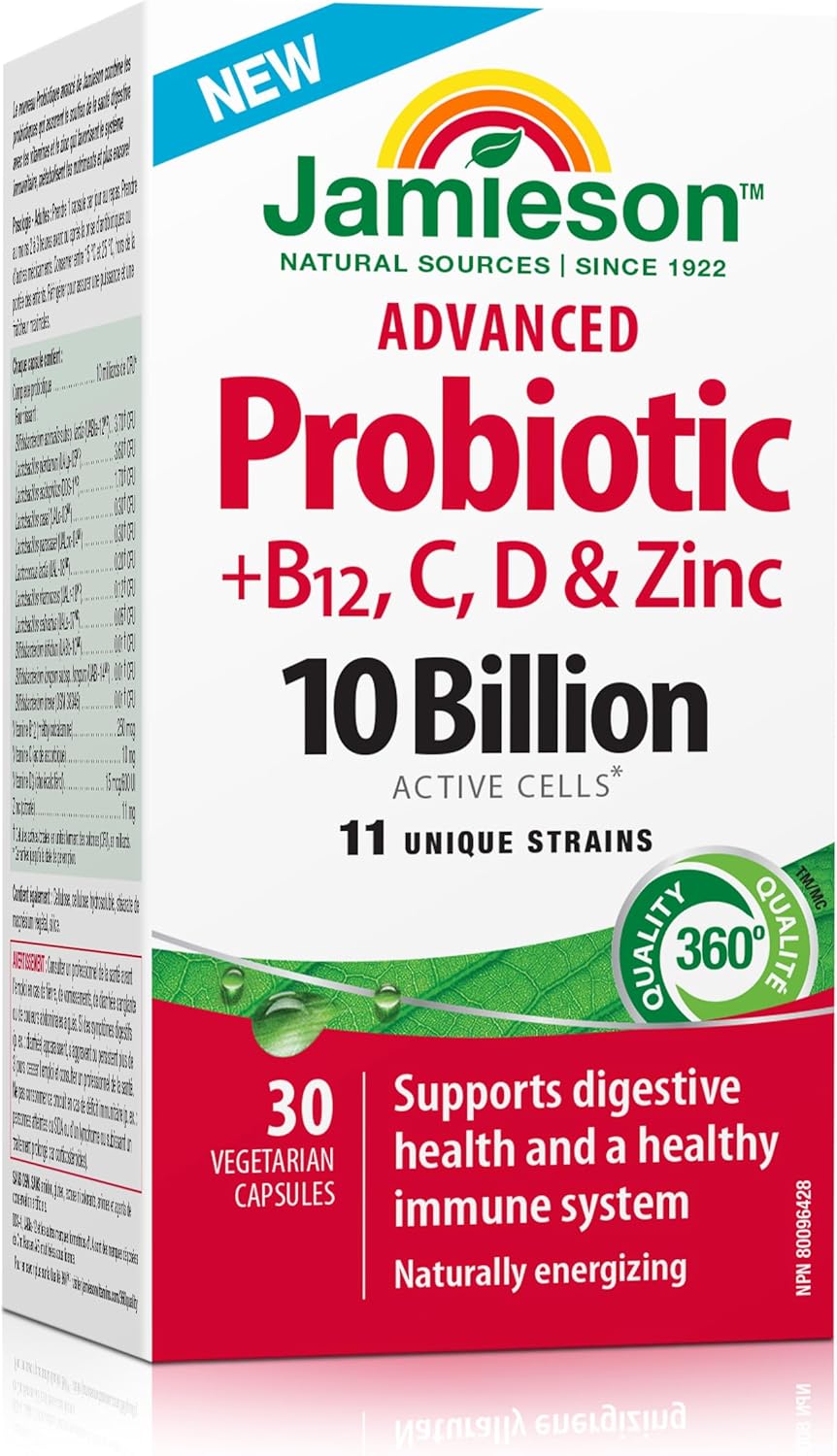 Jamieson Advanced Probiotic 10 Billion Active Cells + Vitamin C, D3, B12, and Zinc. Supports Digestive and Immune Health, Naturally Energizing, and Source of Antioxidants, Non-GMO, Gluten-Free, 30 Vegetarian Capsules