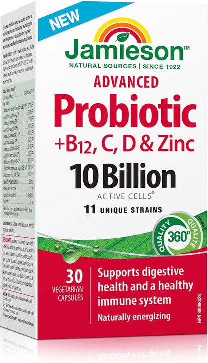 Jamieson Advanced Probiotic 10 Billion Active Cells + Vitamin C, D3, B12, and Zinc. Supports Digestive and Immune Health, Naturally Energizing, and Source of Antioxidants, Non-GMO, Gluten-Free, 30 Vegetarian Capsules