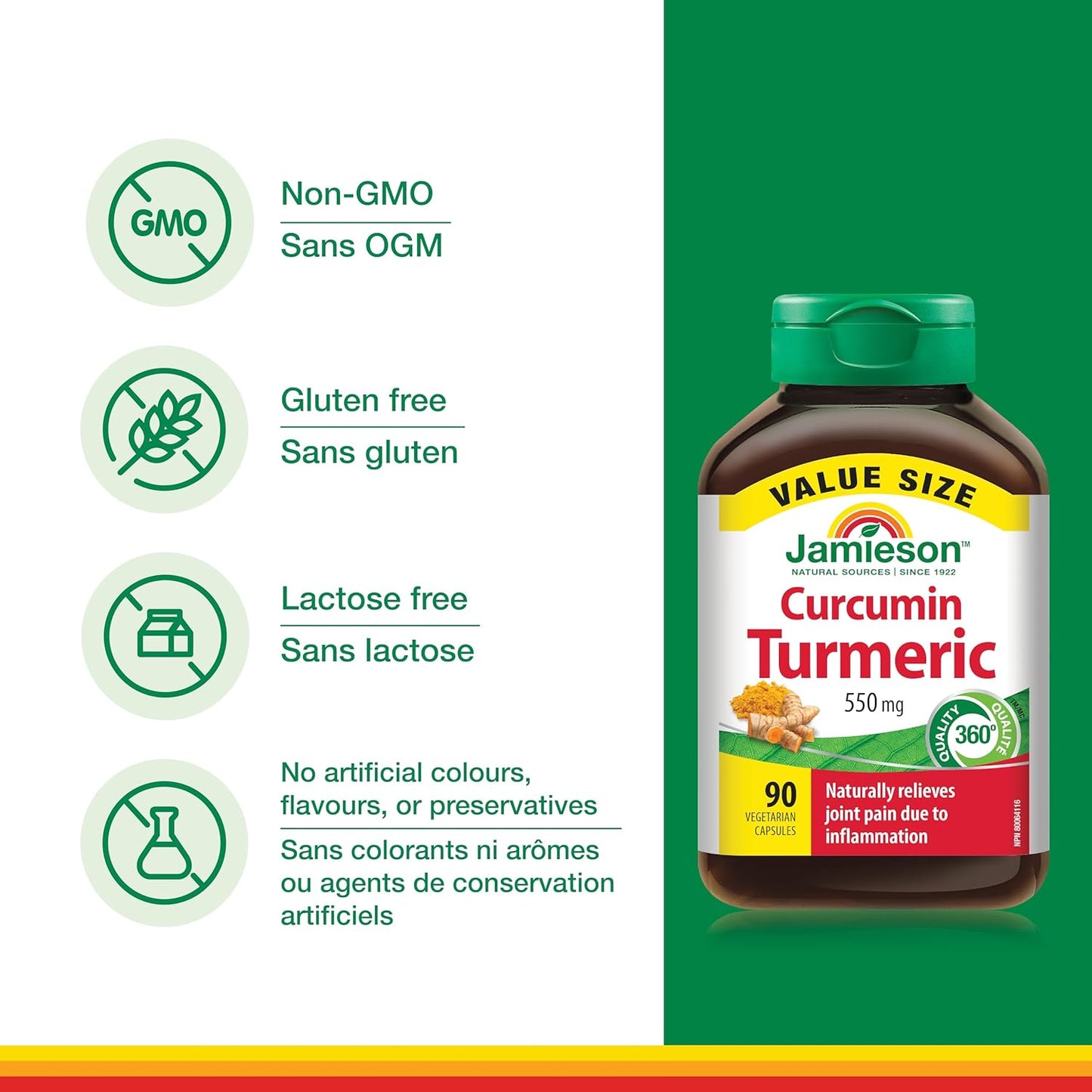 Jamieson Curcumin Turmeric 550 mg, Provides Natural Joint Pain Relief, Supports Inflammation, and Helps with Digestion. NON-GMO, Gluten-Free, 90 Vegetarian Capsules, Proudly Canadian