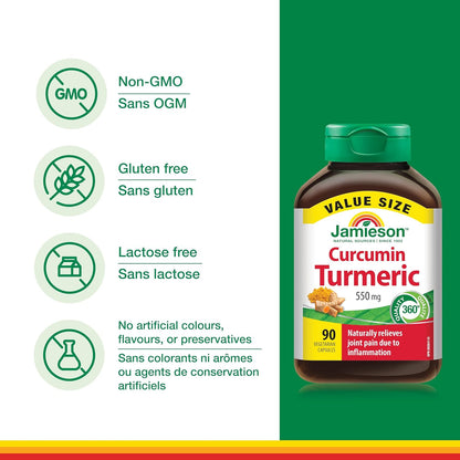 Jamieson Curcumin Turmeric 550 mg, Provides Natural Joint Pain Relief, Supports Inflammation, and Helps with Digestion. NON-GMO, Gluten-Free, 90 Vegetarian Capsules, Proudly Canadian