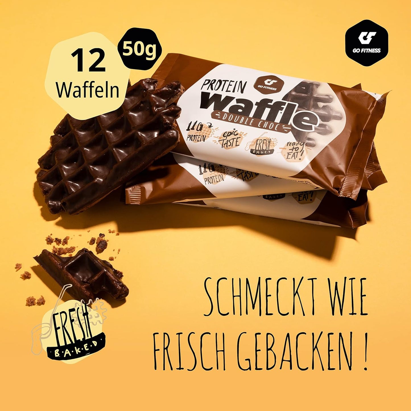 GoFitness Protein Waffle - Ready to Eat - Double Chocolate Flavour - 11g Protein - 12x50g (Pack of 12)