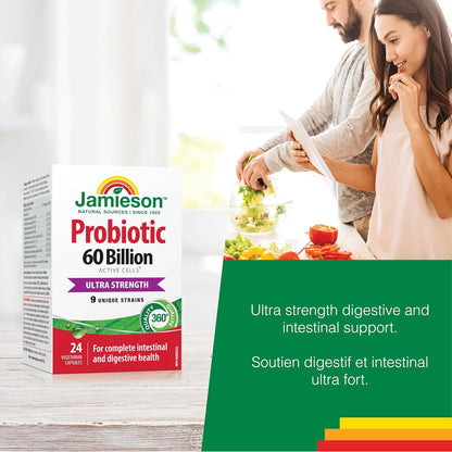 Jamieson 益生菌 600 億活性細胞，超強效，支持消化系統健康和腸道健康。 9 種獨特菌株，包括乳酸桿菌和雙歧桿菌，非基因改造，無麩質，24 粒素食膠囊