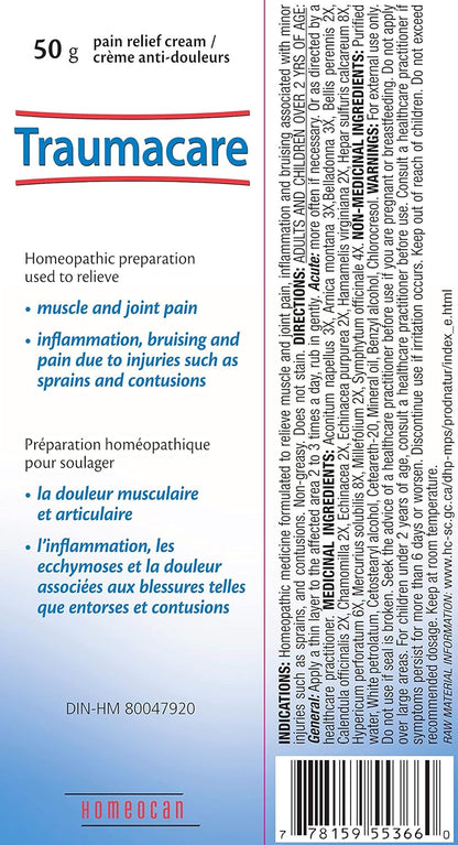 Homeocan Traumacare 乳膏 50 克，山金车提取物，用于关节和肌肉支持，快速吸收，不油腻，无异味，舒缓拉伤、扭伤和瘀伤引起的不适，适用于成人和 2 岁以上儿童