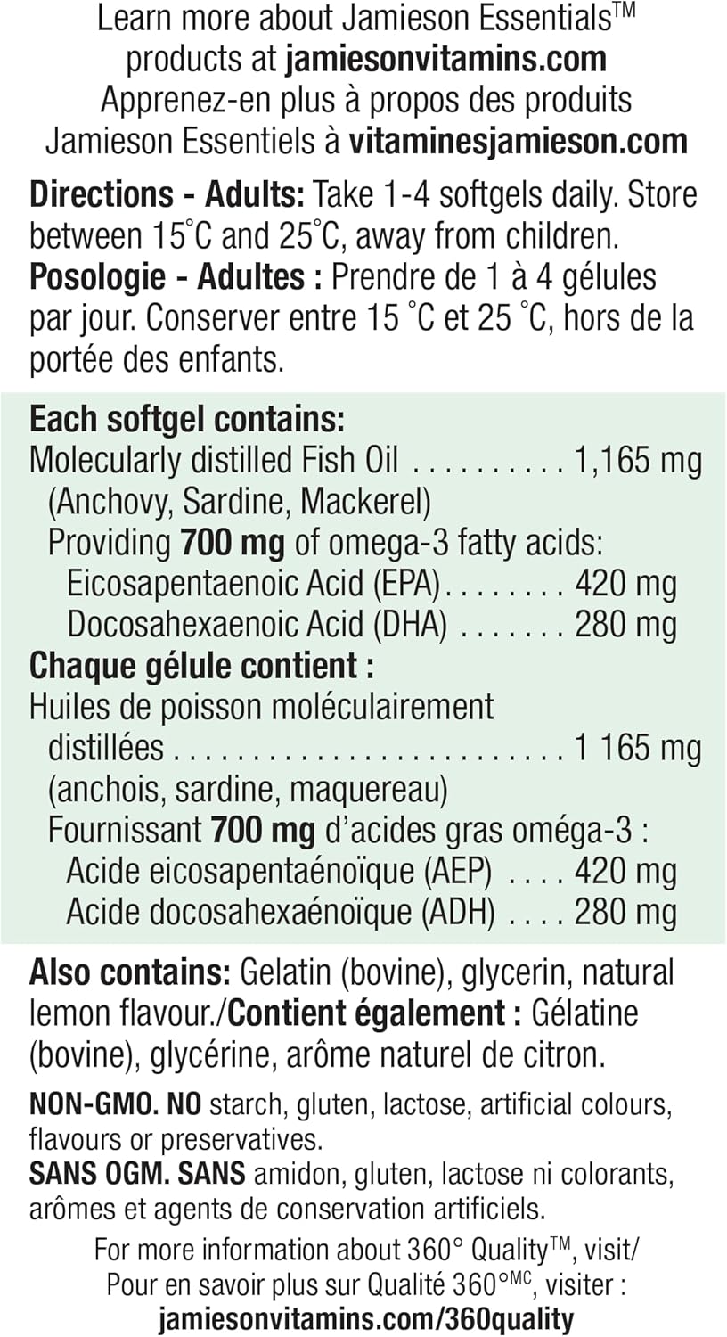 Jamieson 強效 Omega-3 700 毫克，無魚腥味，支持心臟、大腦和眼睛健康，緩解關節炎。富含 EPA 和 DHA，非基因改造，無麩質，100 粒軟膠囊，加拿大製造