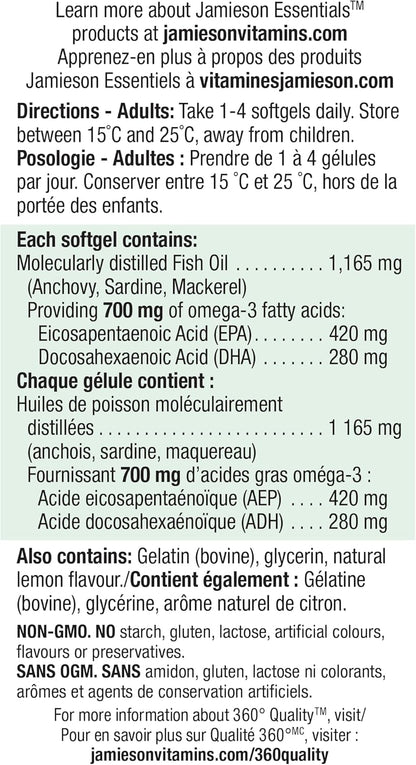 Jamieson 強效 Omega-3 700 毫克，無魚腥味，支持心臟、大腦和眼睛健康，緩解關節炎。富含 EPA 和 DHA，非基因改造，無麩質，100 粒軟膠囊，加拿大製造