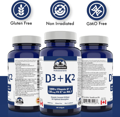 加拿大製造，無塑膠污染 - 維生素 D3 K2，180 粒軟膠囊，180 天用量 - D3（1000IU-25mcg）+K2（120mcg） - 免疫功能、骨骼和牙齒健康 - 經第三方測試 - 加拿大配製和製造