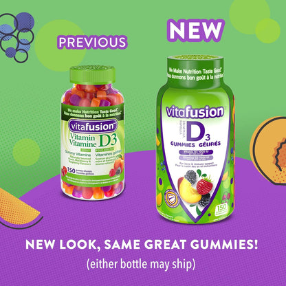 Vitafusion D3 成人維生素軟糖，1000 IU 維生素 D3 每日劑量，支持骨骼和牙齒*，150 粒，5 個月用量，包裝可能有所不同