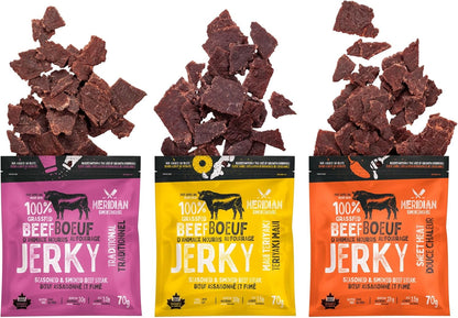 Meridian Smokehouse Variety Pack of 12-100% Grass-Fed Beef Jerky - Made In Canada- 3 Flavours Included - Sweat Heat, Maui Teriyaki, and Traditional, Gluten Free