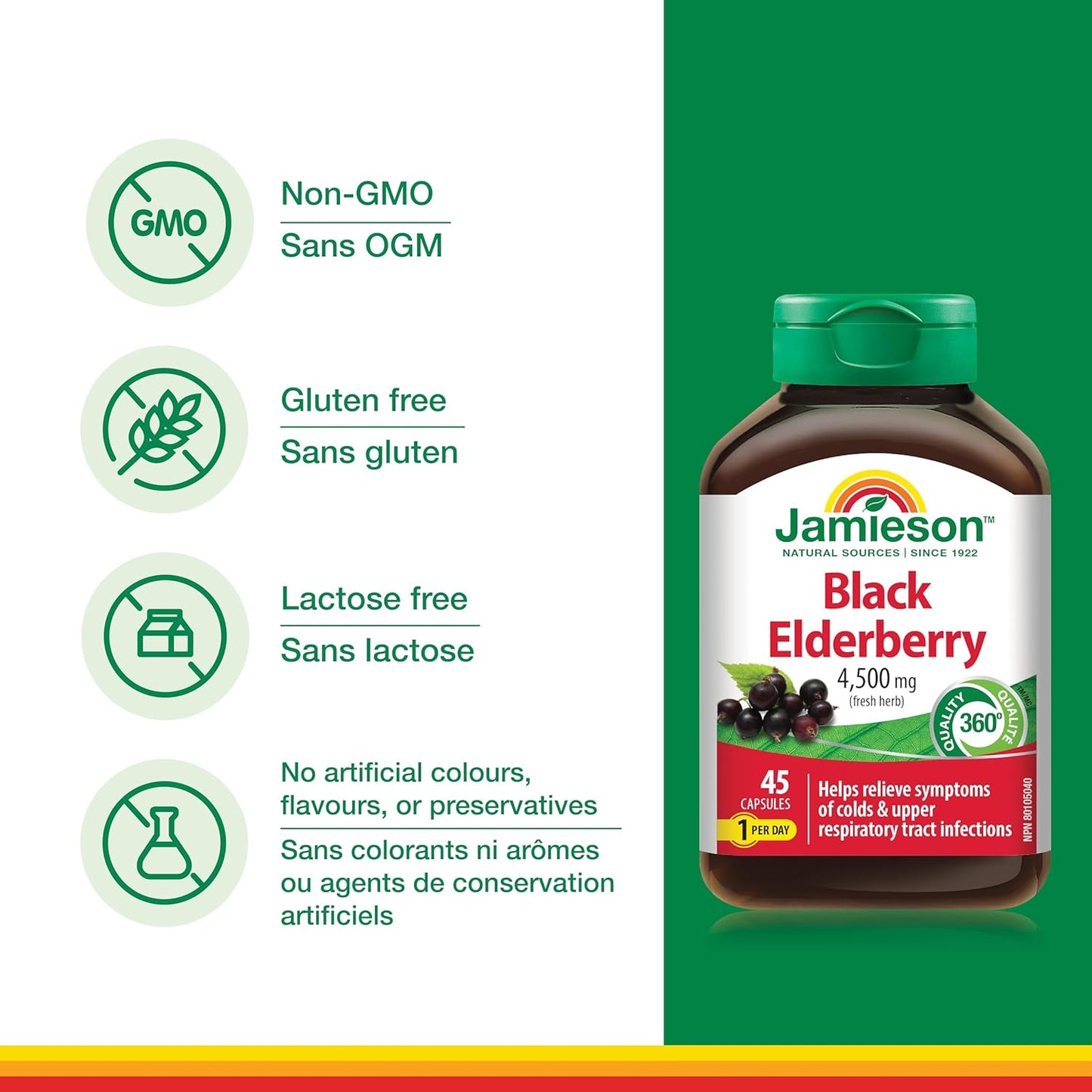 Jamieson 黑接骨木果 4,500 毫克素食胶囊，缓解感冒和流感症状，并缓解发烧、咳嗽和咽喉痛等症状。非转基因，无麸质，45 粒，加拿大制造