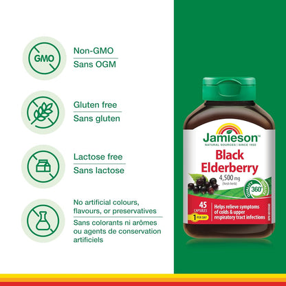 Jamieson 黑接骨木果 4,500 毫克素食胶囊，缓解感冒和流感症状，并缓解发烧、咳嗽和咽喉痛等症状。非转基因，无麸质，45 粒，加拿大制造