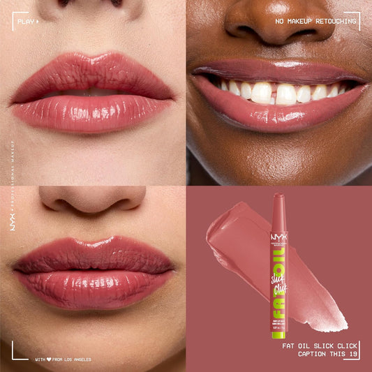 NYX 專業彩妝 Fat Oil Slick Click，潤唇膏，12 小時保濕，注入滋養油，高光澤效果，可疊加顏色，色號：Caption This（柔和裸色腮紅）
