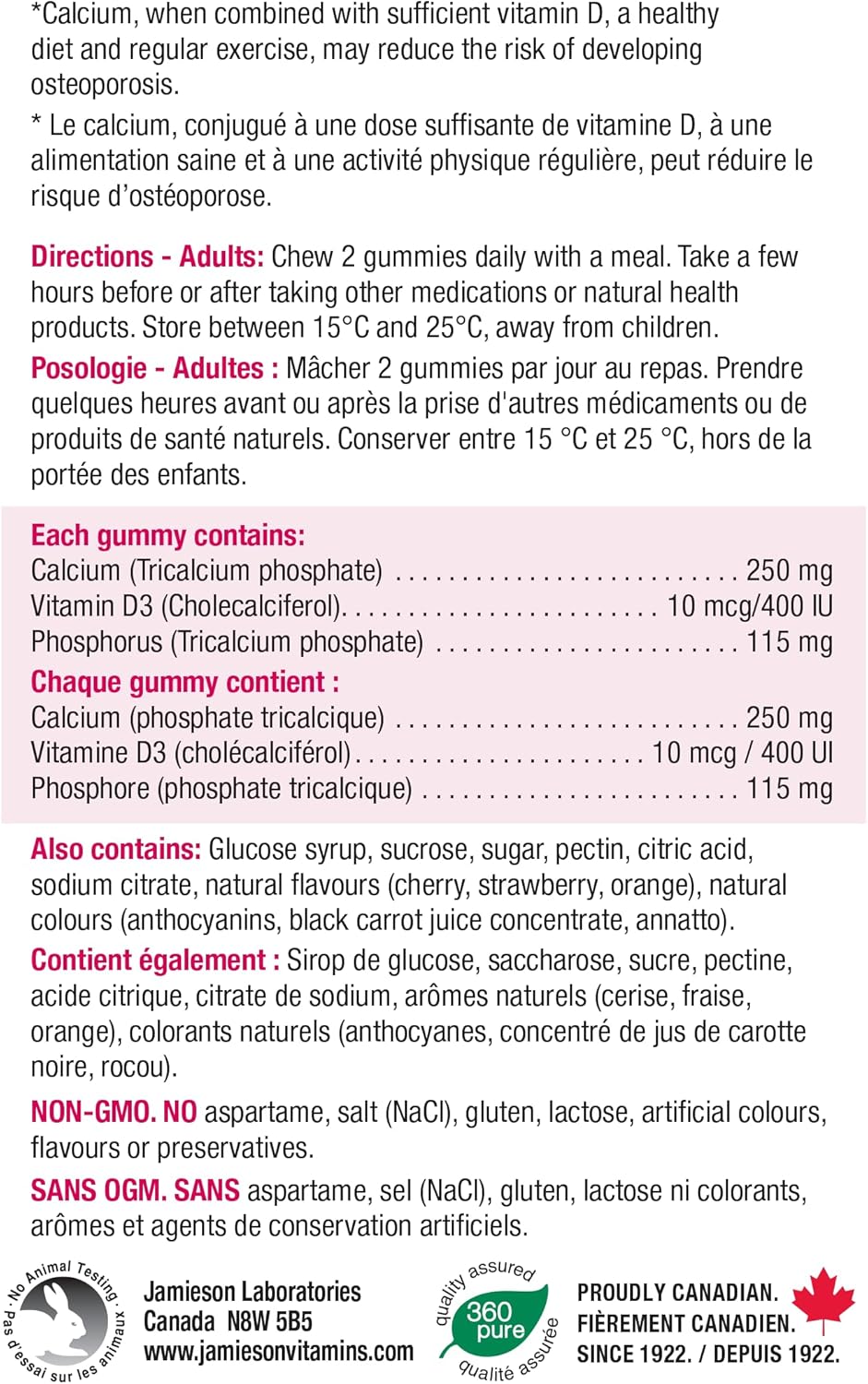 Jamieson Calcium 250 mg with Vitamin D3 400 IU Gummies, Cherry, Strawberry, and Orange Flavours, Helps Prevent Osteoporosis, Supports Strong Bones and Teeth. Non-GMO, Gluten-Free, No Artificial Colours, Flavours, or Pres…