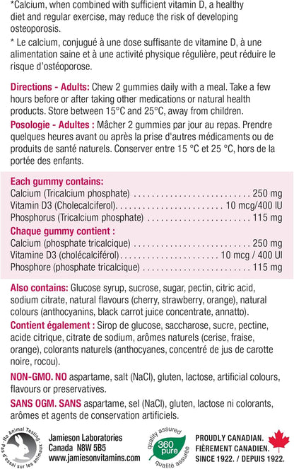 Jamieson Calcium 250 mg with Vitamin D3 400 IU Gummies, Cherry, Strawberry, and Orange Flavours, Helps Prevent Osteoporosis, Supports Strong Bones and Teeth. Non-GMO, Gluten-Free, No Artificial Colours, Flavours, or Pres…