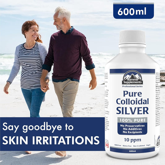 Pure Colloidal Silver Liquid 600ml Family Size, 120 Servings, 10 ppm Trace Mineral Drops, Neutral Taste, Multipurpose Daily Use for Skin & Wellness, Proudly Canadian, Plastic Negative, Vegan, GMO-Free