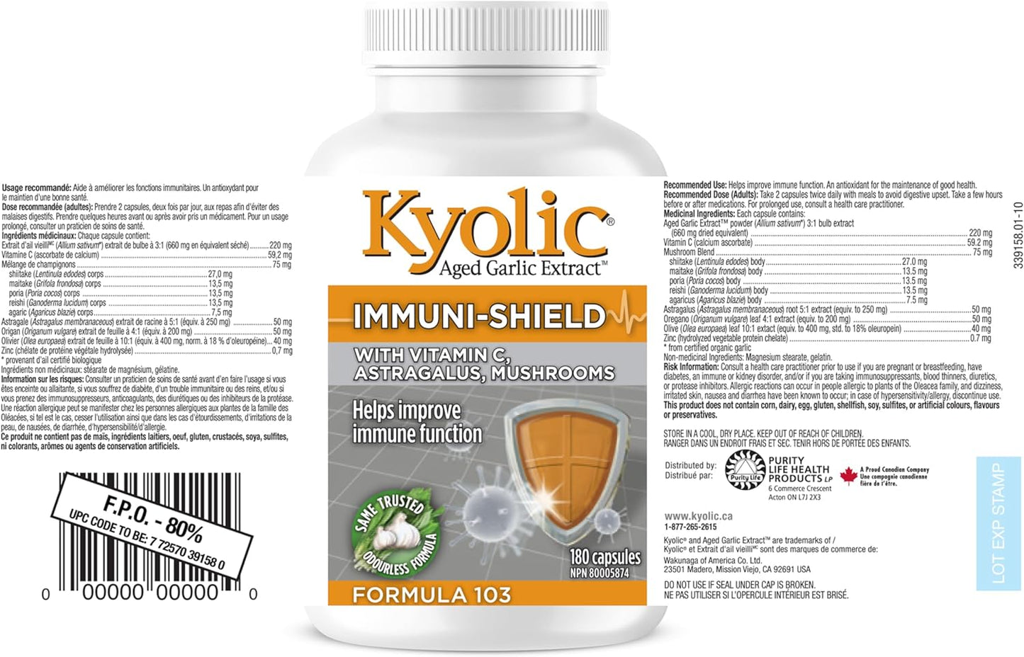 Kyolic- Formula 103 Immuni-Shield 180 Capsules 45-Day Supply - Vitamin C Ascorbic Acid, Astragalus Root Extract, Mushroom Blend Supplement & Kyolic Aged Garlic Extract Capsule - Immune System Support