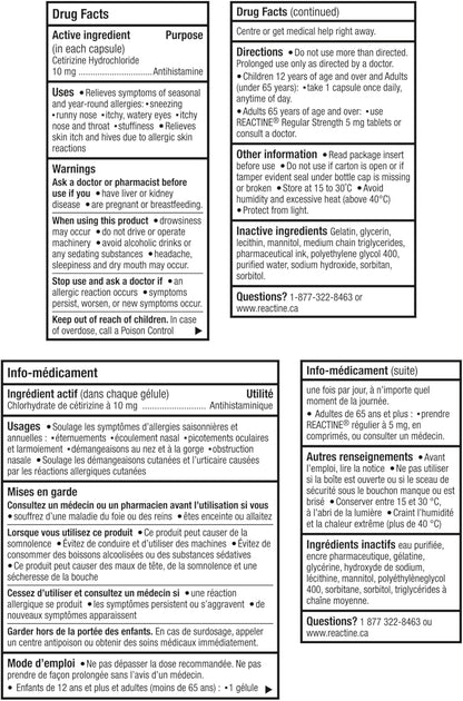 Reactine Extra Strength Antihistamine Liquid Gel Pills - 10mg Cetirizine Hydrochloride - Allergy Relief Medicine - 25 count