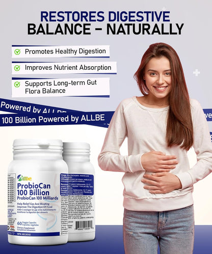 ALLBE ProbioCan 1000 亿 CFU - 含 11 种菌株的男性和女性每日益生菌 - 嗜酸乳杆菌和加氏乳杆菌 - 肠道健康和缓解腹胀 - 保质期长、纯素、非转基因 60 粒胶囊