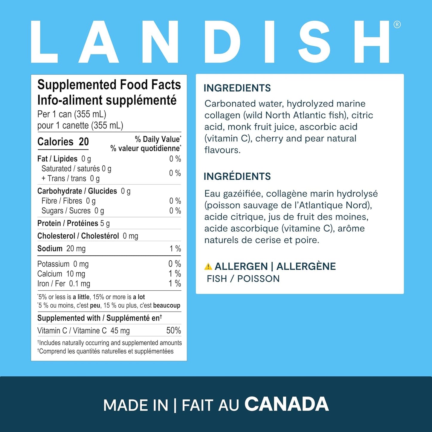 Landish Marine Collagen Sparkling Water Drink - Cherry Pear Flavour - 5 g Wild Canadian Marine Collagen - 0 g Sugar - 355 ml (6-Pack)