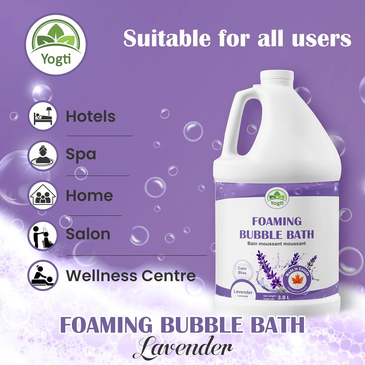Yogti [Made in Canada] Foaming Bubble Bath Body Wash - 3.8L, Made with Pure Lavender Oil and Epsom Salt, Calm Bliss - 3.8L
