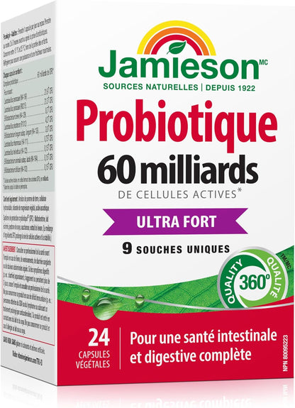 Jamieson 益生菌 600 億活性細胞，超強效，支持消化系統健康和腸道健康。 9 種獨特菌株，包括乳酸桿菌和雙歧桿菌，非基因改造，無麩質，24 粒素食膠囊