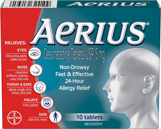 Aerius Allergy Medicine, Fast Relief, 24-Hour, Non-Drowsy, 15 Symptoms, 10 Tablets