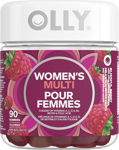 OLLY 女性多种软糖补充剂，不含人工香料和色素 Blissful Berry 多种维生素，有助于维持女性健康，45 天供应量，90 粒软糖