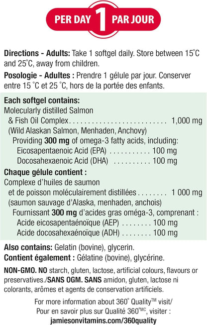 Jamieson Salmon and Fish Oil 1,000 mg Softgels, Bonus Size, Supports Heart and Brain Health. With Wild Salmon, EPA and DHA, Non-GMO, Gluten-Free, 200 Count, Proudly Canadian