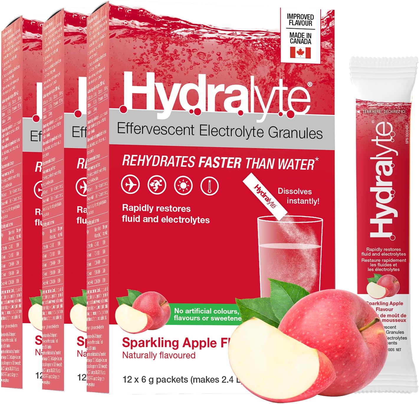 HydraLyte Electrolyte Powder, Low Sugar Electrolyte Packets Designed for Rapid Hydration, Hydration Powder for All Ages - Made with All Natural Ingredients, 36 Servings, Sparkling Apple
