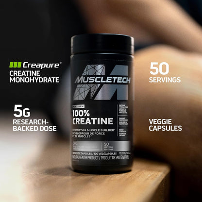 MuscleTech Platinum 100% 肌酸 | MuscleTech | Creapure | 男女增肌增力劑 | 鍛煉恢復補充劑 | 100 粒素食膠囊 | 50 份