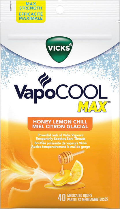 Vicks VapoCOOL Max 药用滴剂，用于暂时缓解咳嗽和咽喉痛 & VapoCOOL Max 药用滴剂，用于暂时缓解咳嗽和咽喉痛，蜂蜜柠檬冰镇口味，40 粒装