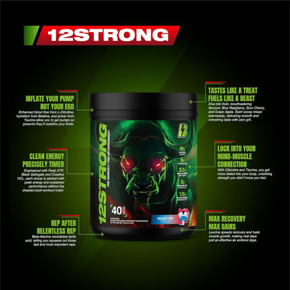 BULL Nutrition 12 STRONG - 含甘油、L-瓜氨酸、β-丙氨酸和肌酸补充剂的运动前粉，可促进肌肉生长，增强耐力、力量、专注力和能量输出 - 加拿大制造 - 40 份，730 克（730 克，Rocket Pop）