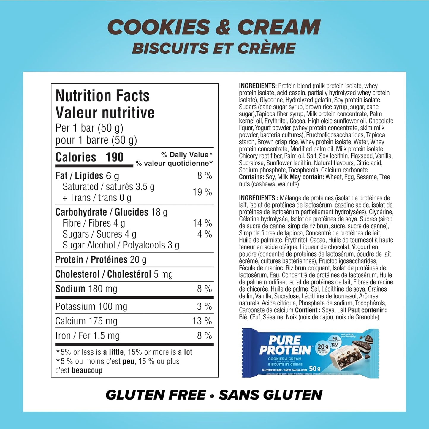 纯蛋白棒 - 营养丰富，无麸质，采用乳清蛋白混合物制成 - 低糖，蛋白质零食。美味满足。加拿大制造，曲奇奶油味（6包）