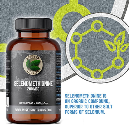 Pure Lab 維生素 | 硒 200 微克補充劑 | 60 粒膠囊 | 甲狀腺健康硒蛋氨酸 200 微克 | 成人免疫系統增強劑和男性和女性甲狀腺支持劑 | 抗氧化補充劑