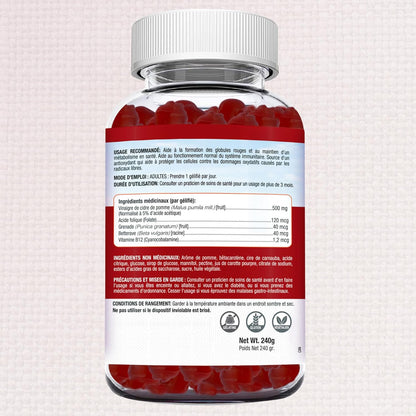 Herbion Naturals 蘋果醋軟糖，含葉酸、石榴、甜菜根和維生素 B12，是維持身體健康和新陳代謝的抗氧化劑來源，成人適用，60 粒果膠軟糖，蘋果味