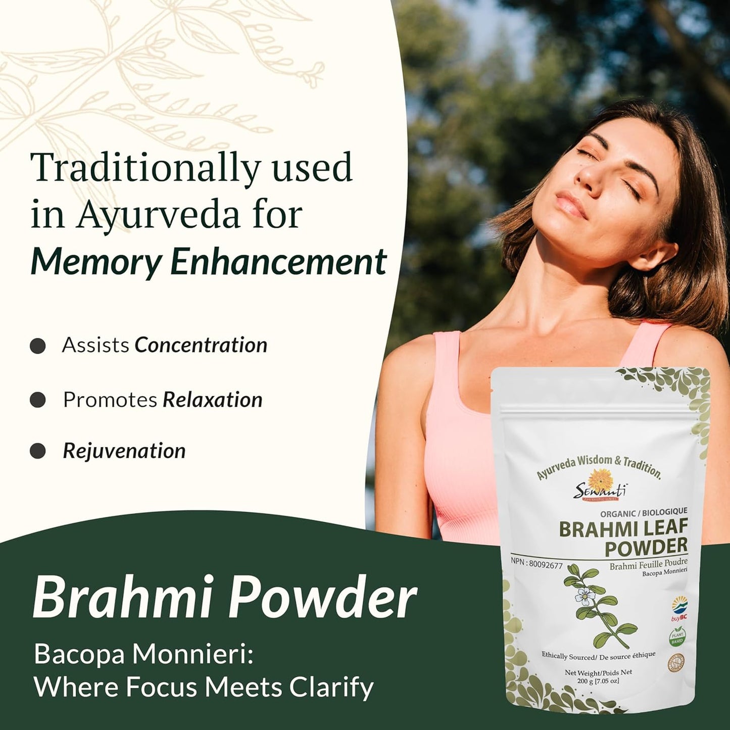 Organic Brahmi Powder NPN 80092677/ Memory Enhancement/ 200g