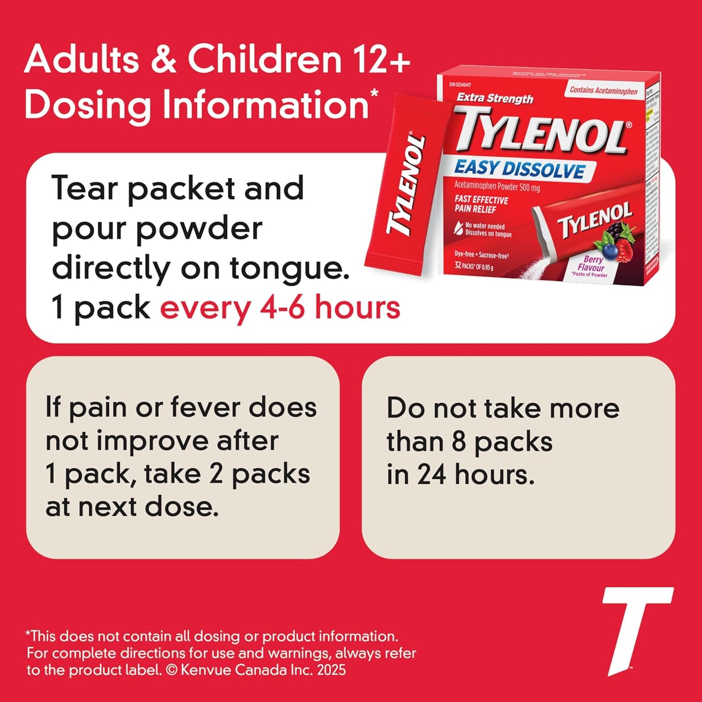 泰诺强效溶解包，500 毫克对乙酰氨基酚止痛退烧药，便携式粉末包，缓解轻微疼痛，不含布洛芬和阿司匹林，浆果味，12 片