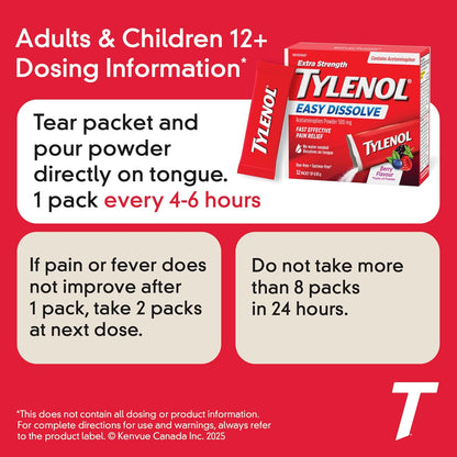泰诺强效溶解包，500 毫克对乙酰氨基酚止痛退烧药，便携式粉末包，缓解轻微疼痛，不含布洛芬和阿司匹林，浆果味，12 片