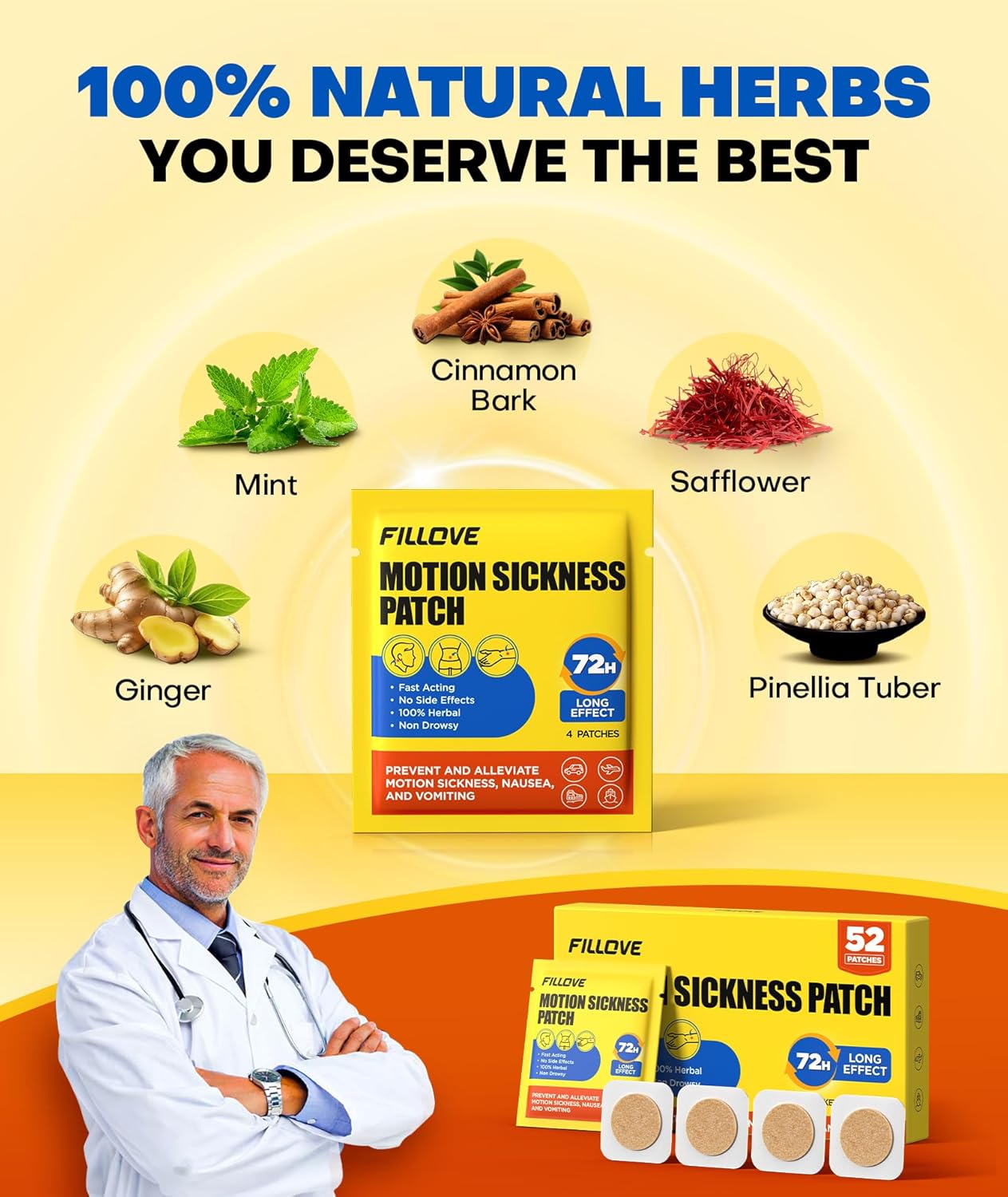 FILLOVE 52片暈車貼，不瞌睡，72小時持久暈船貼，郵輪必備，2025年，100%天然暈車貼，汽車、飛機、輪船高原反應旅行必備品