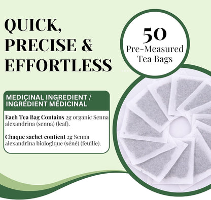 PHYTOVIE 有机番泻叶排毒茶 – 天然泻药和结肠清洁剂，方便快速缓解便秘，支持消化和肠道规律，无咖啡因草本茶，50 个茶​​包，加拿大制造 - NPN 02196212