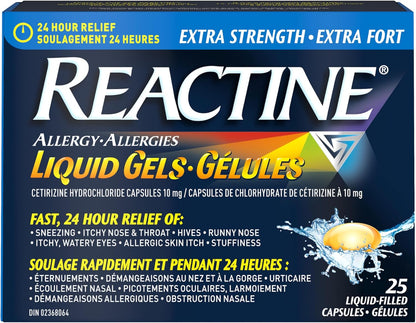 Reactine Extra Strength Antihistamine Liquid Gel Pills - 10mg Cetirizine Hydrochloride - Allergy Relief Medicine - 25 count