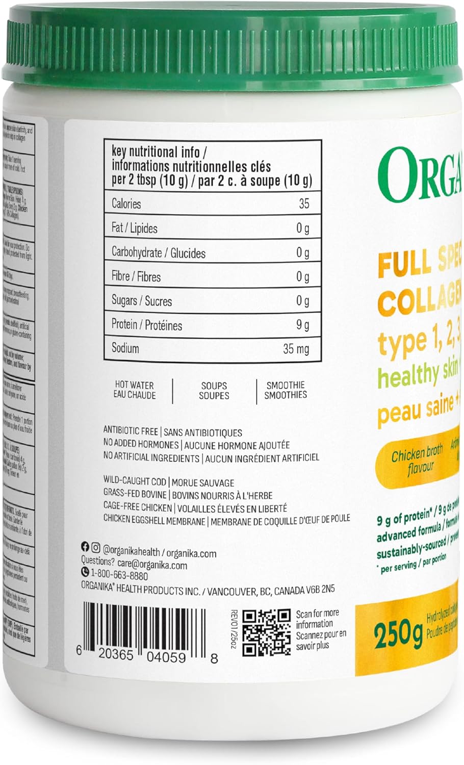 Organika Canadian-Made Full Spectrum Collagen - Type 1,2,3,5,10 - Complete Collagen Naturally Containing Hyaluronic Acid and Elastin for Healthier Hair, Skin and Joints Mild Chicken Broth Flavour 250g